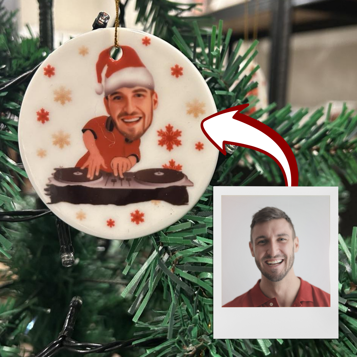 Santa Hat DJ - Funny Ceramic Christmas Tree Ornament - Xmas Dee Jay Hanging Tree Decoration