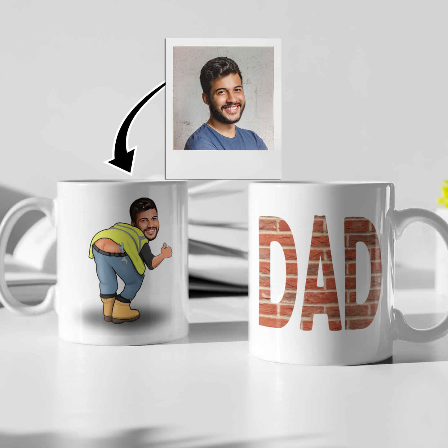 funny personalised photo mug of builder bending over and showing behind builder bum