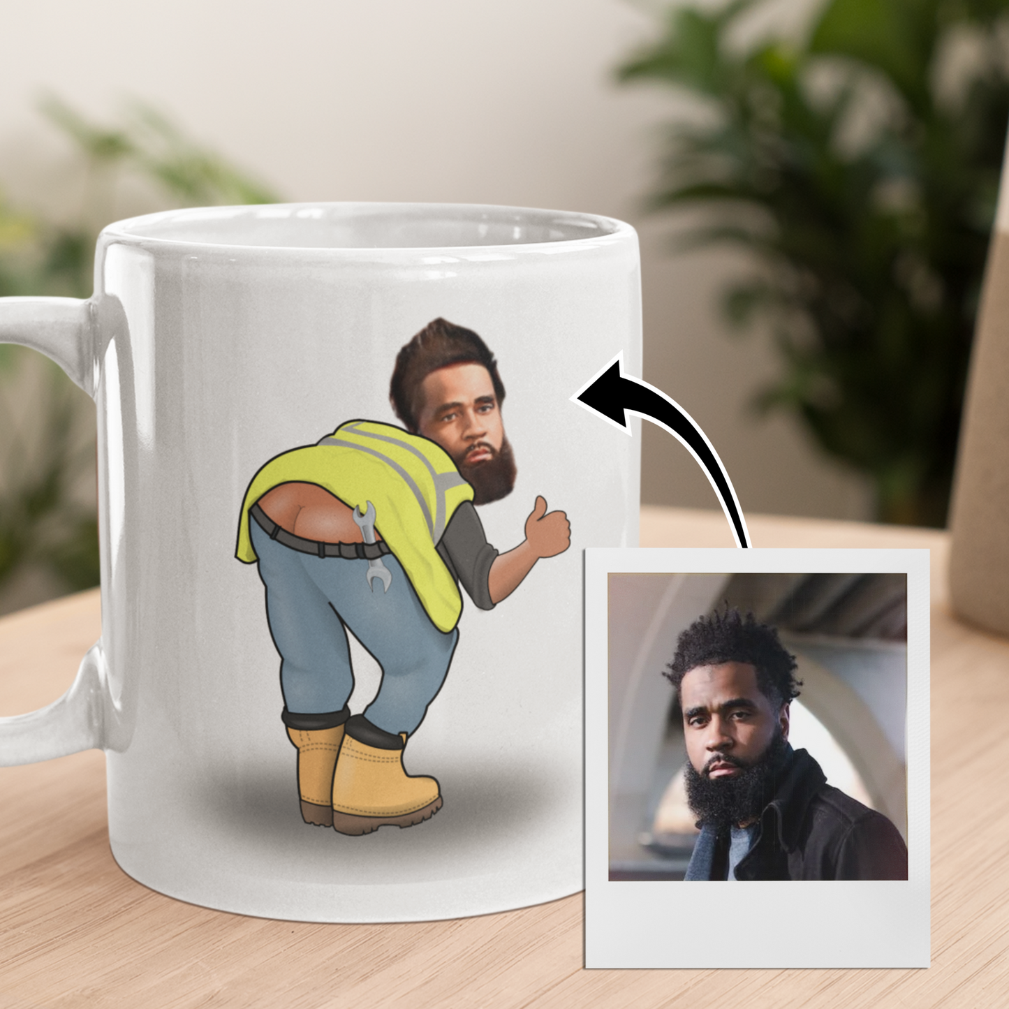 funny personalised photo mug of builder bending over and showing behind builder bum