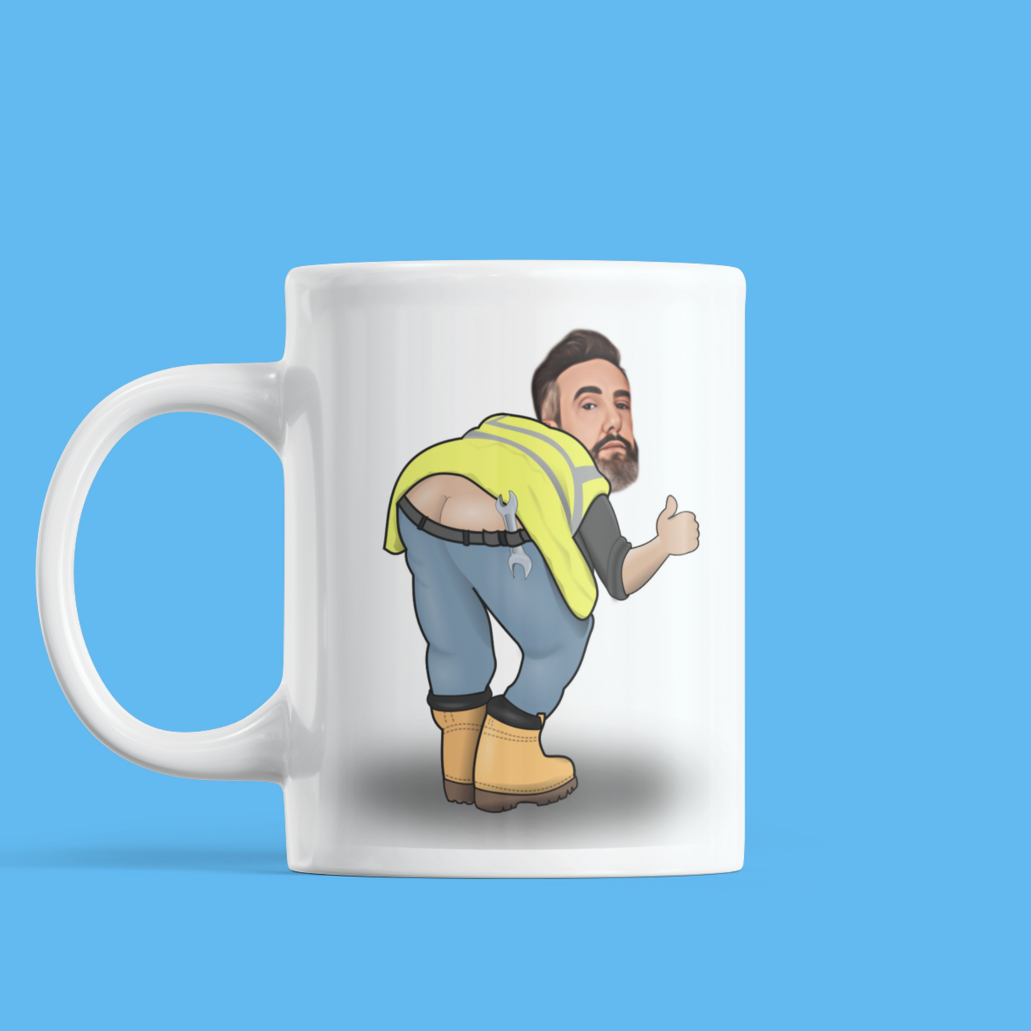 funny personalised photo mug of builder bending over and showing behind builder bum