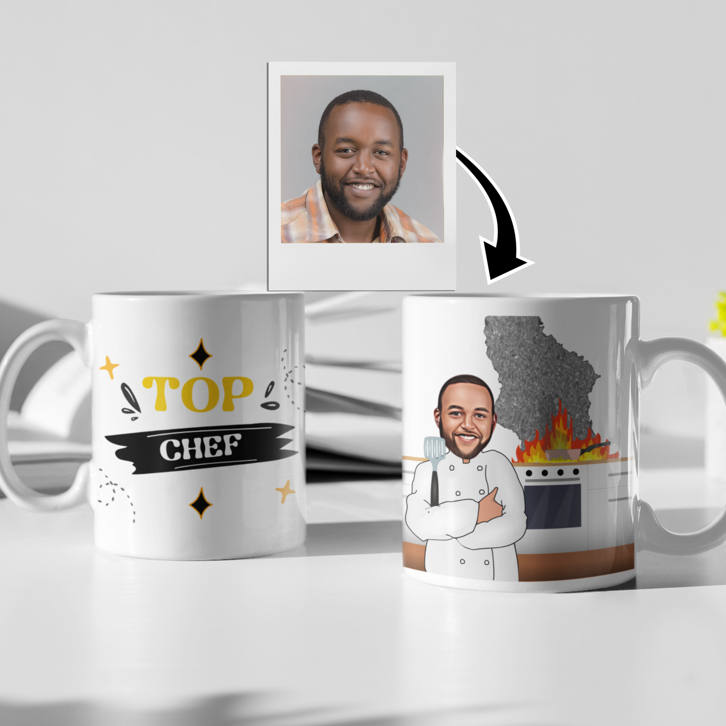 funny personalised photo mug of chef posing with kitchen oven on fire