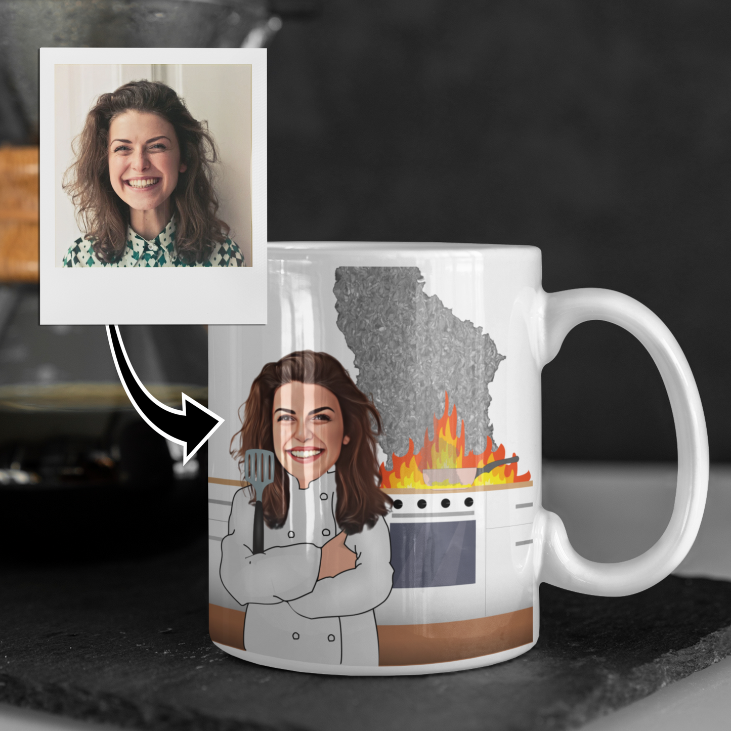 funny personalised photo mug of chef posing with kitchen oven on fire