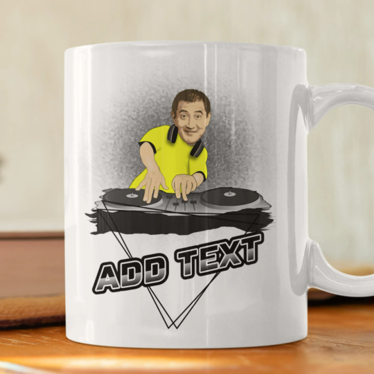 funny personalised photo mug of man as a DJ and DeeJay Decks