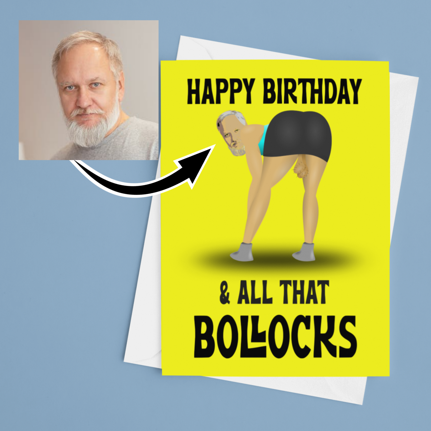 funny personalised photo greeting card of man bending over in skirt with hanging testicles
