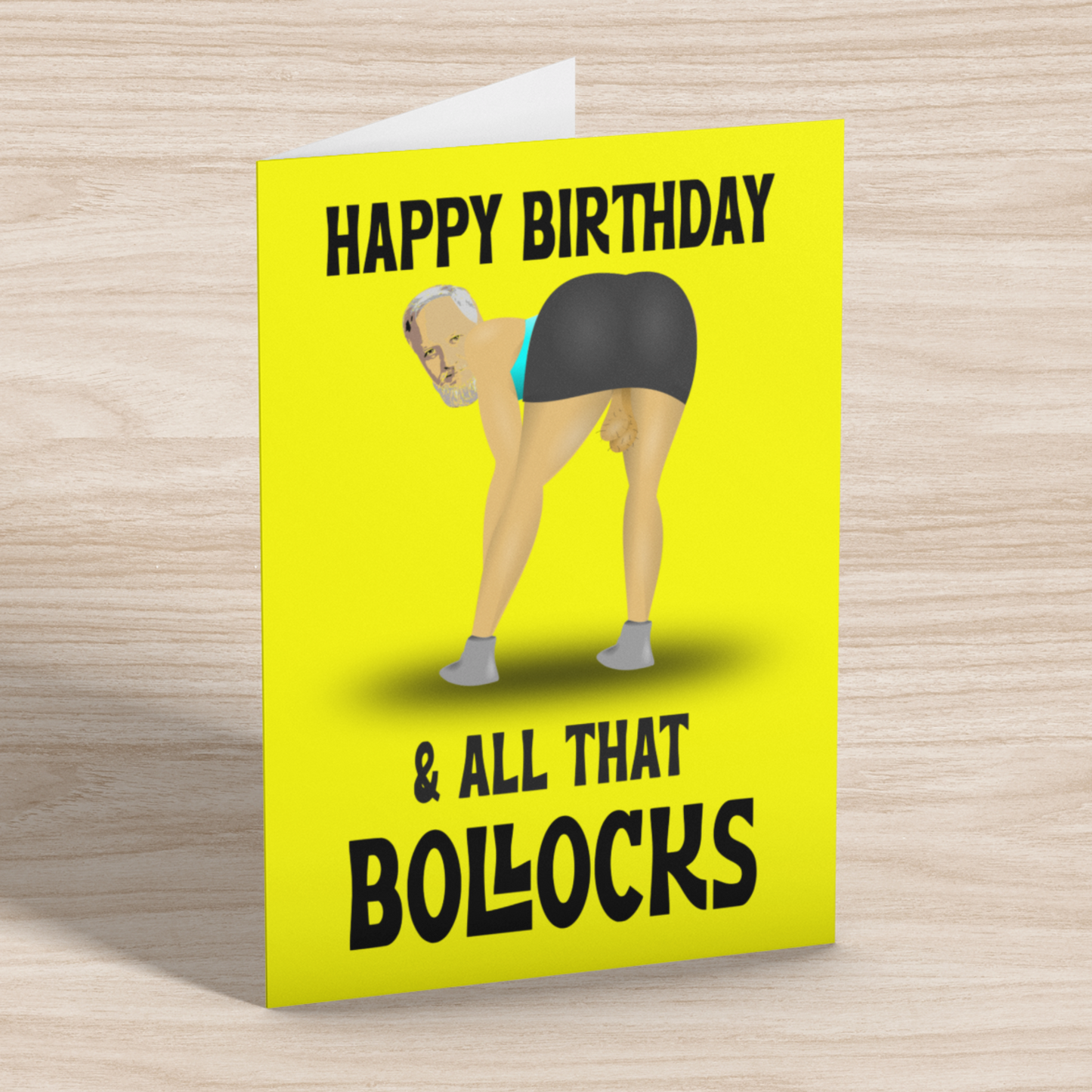 funny personalised photo greeting card of man bending over in skirt with hanging testicles