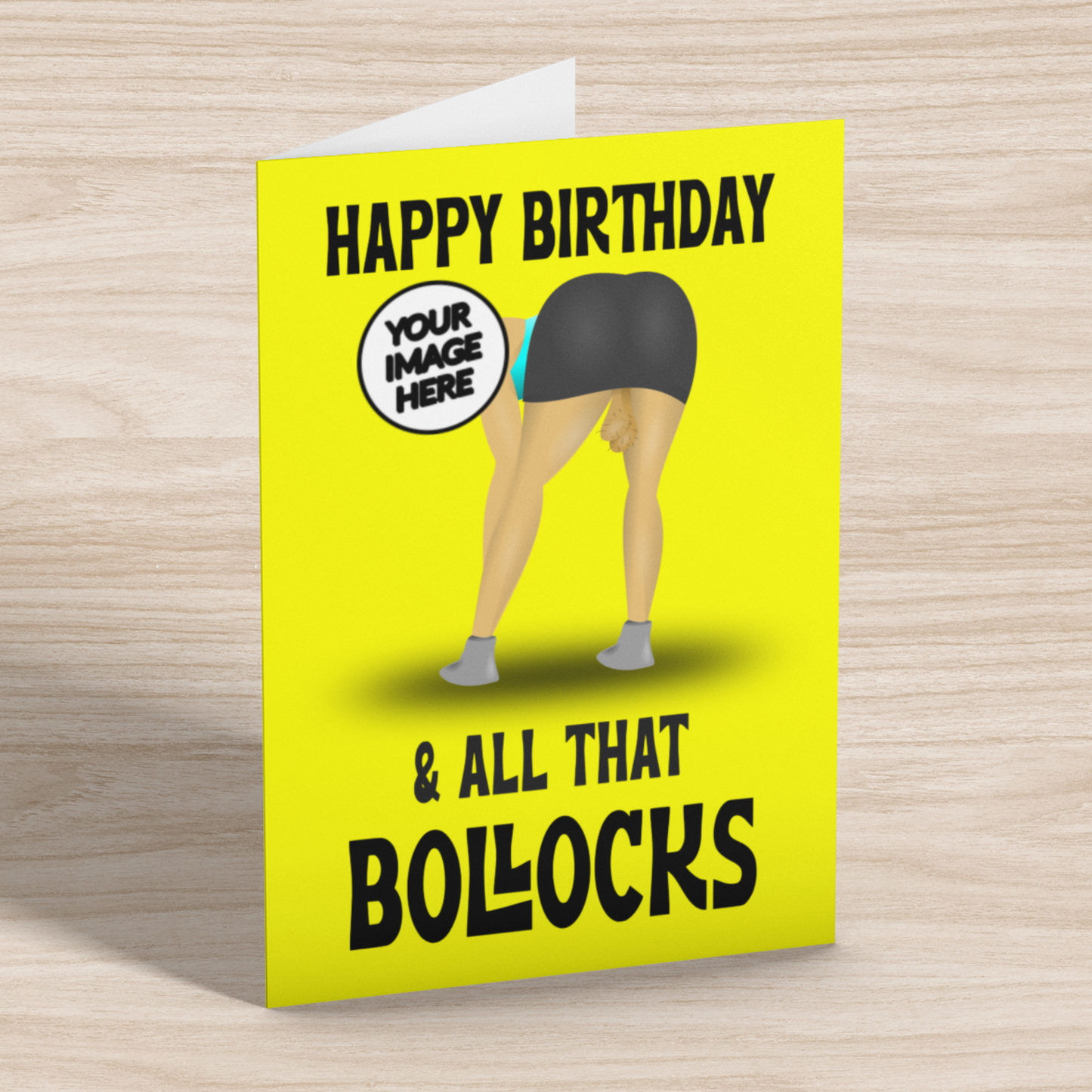 funny personalised photo greeting card of man bending over in skirt with hanging testicles showing "your image here"