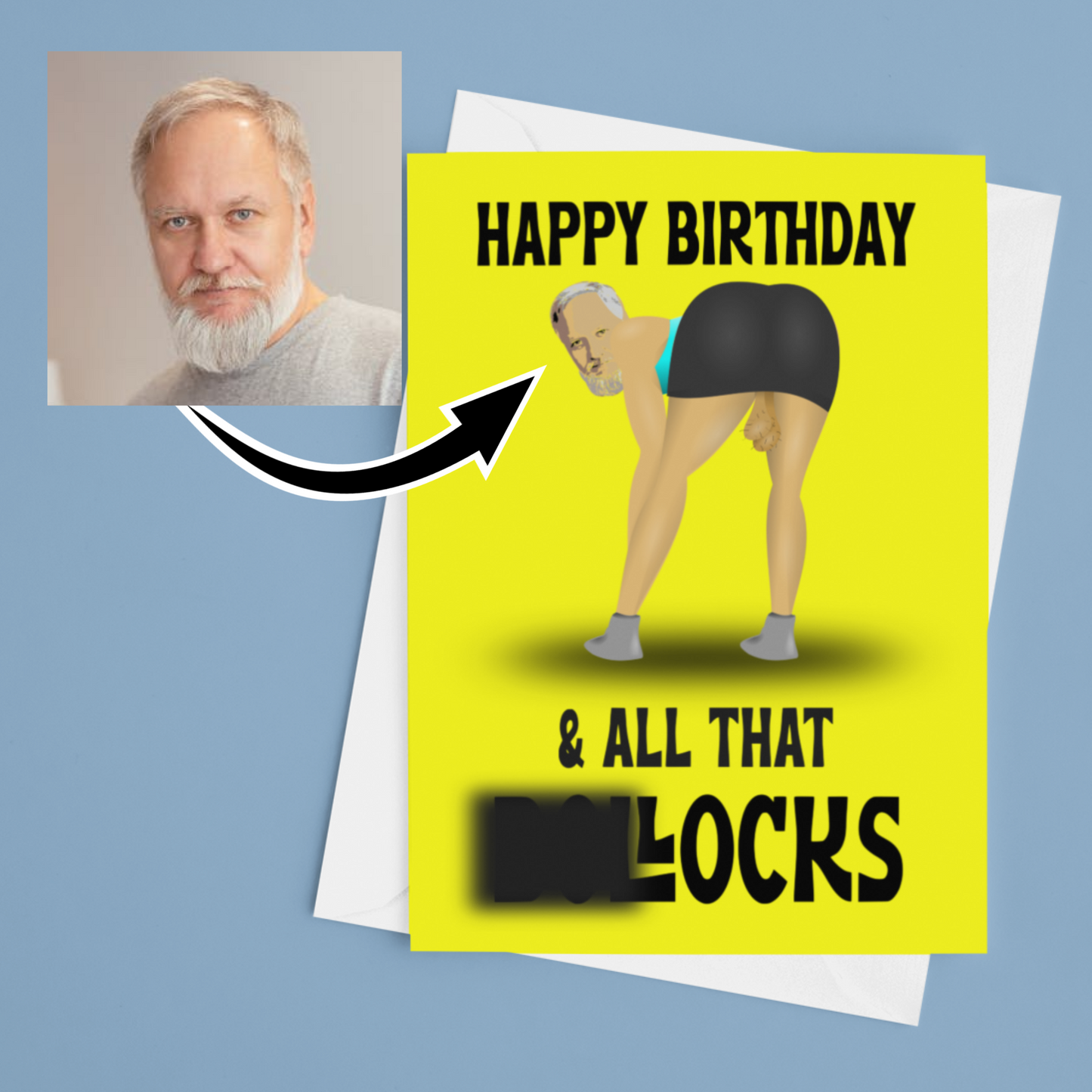 funny personalised photo greeting card of man bending over in skirt with hanging testicles