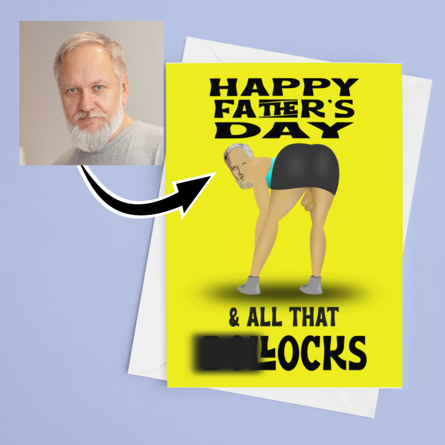 funny personalised photo greeting card of man bending over in skirt with hanging testicles