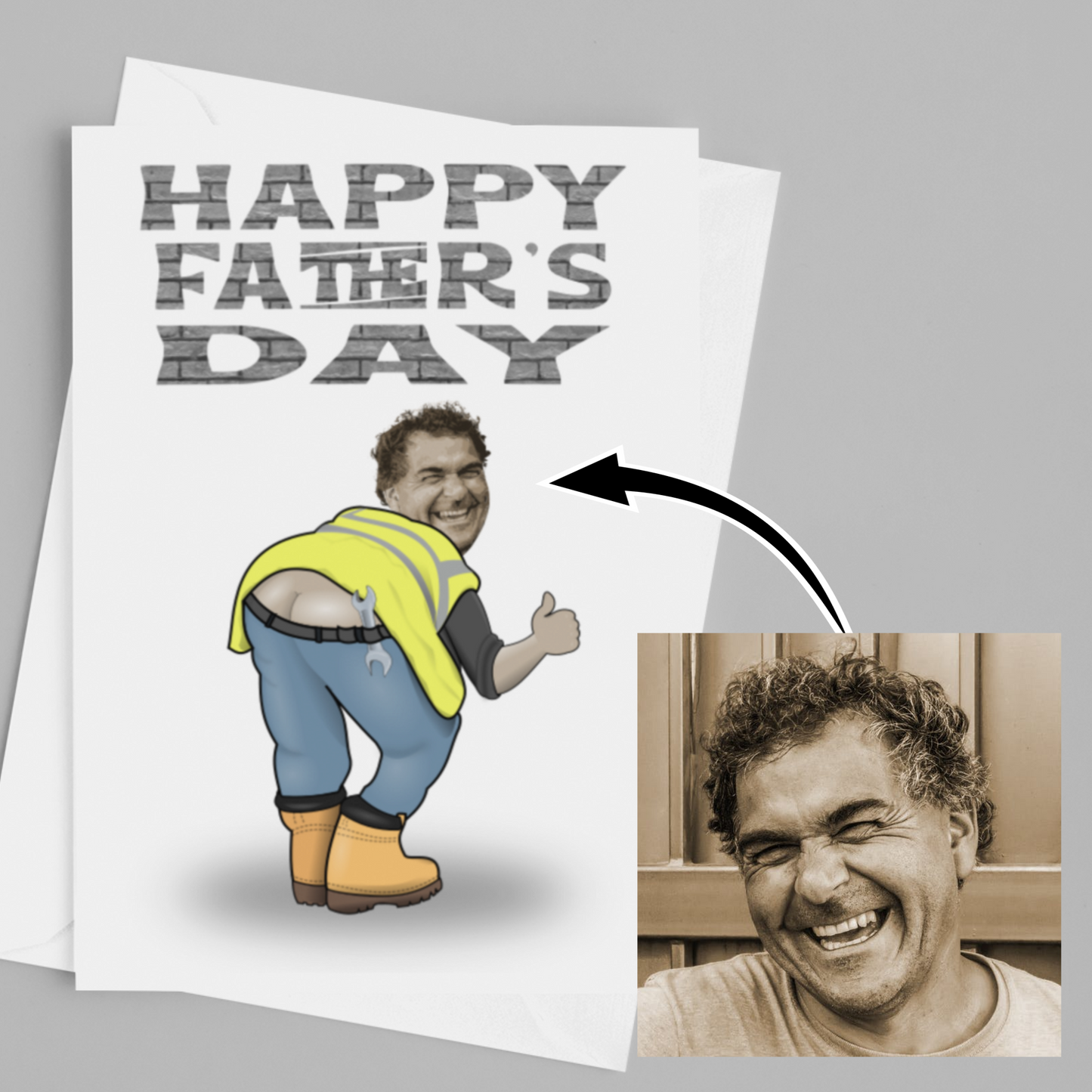 funny personalised photo greeting card of builder bending over and showing behind builder bum