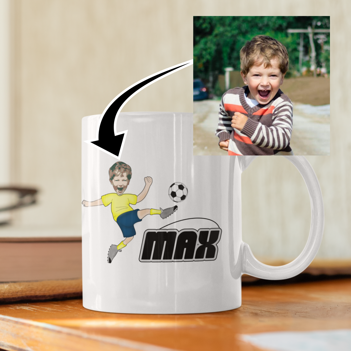 personalised photo mug with little boy kicking football soccer ball
