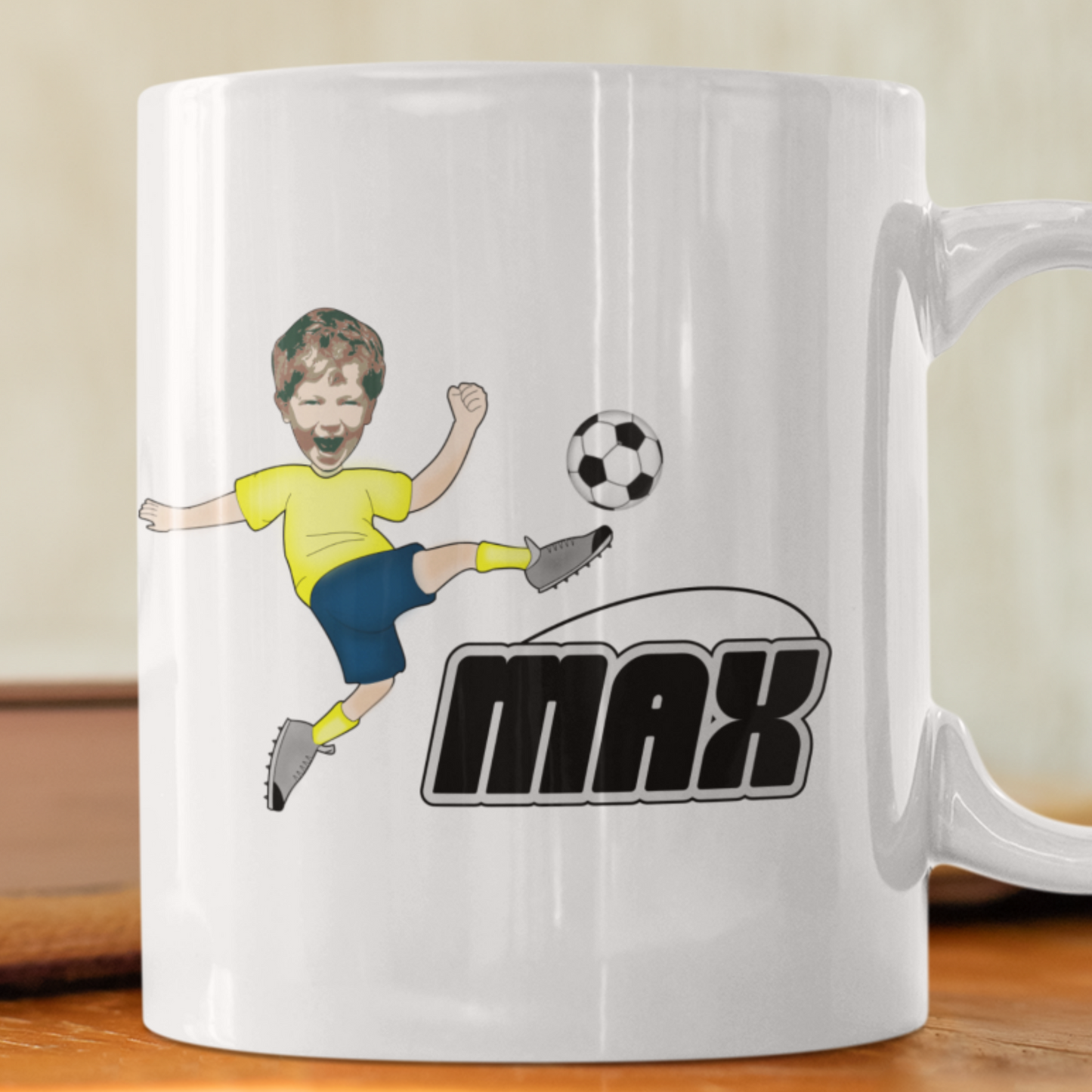 personalised photo mug with little boy kicking football soccer ball