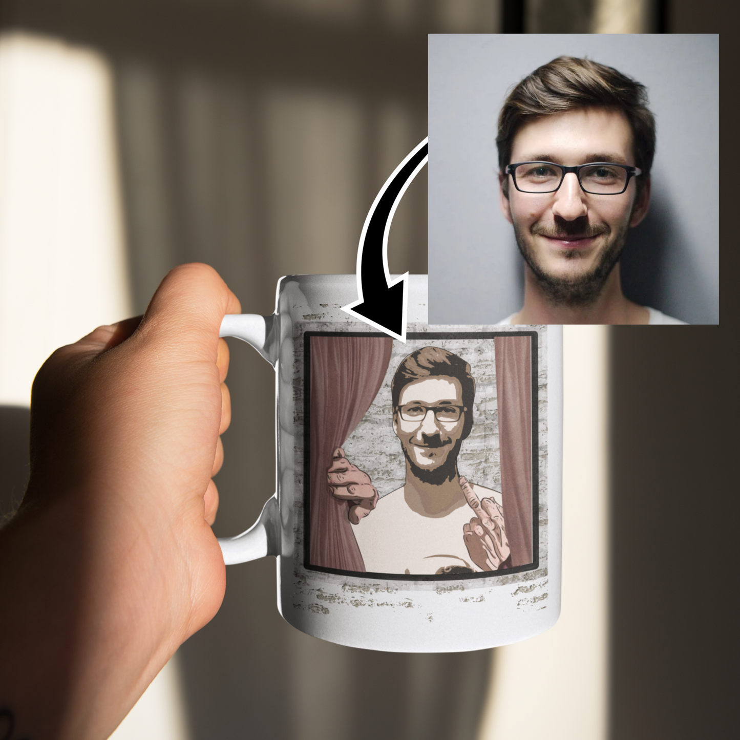 funny personalised mug of person looking through a window and sticking up their middle finger