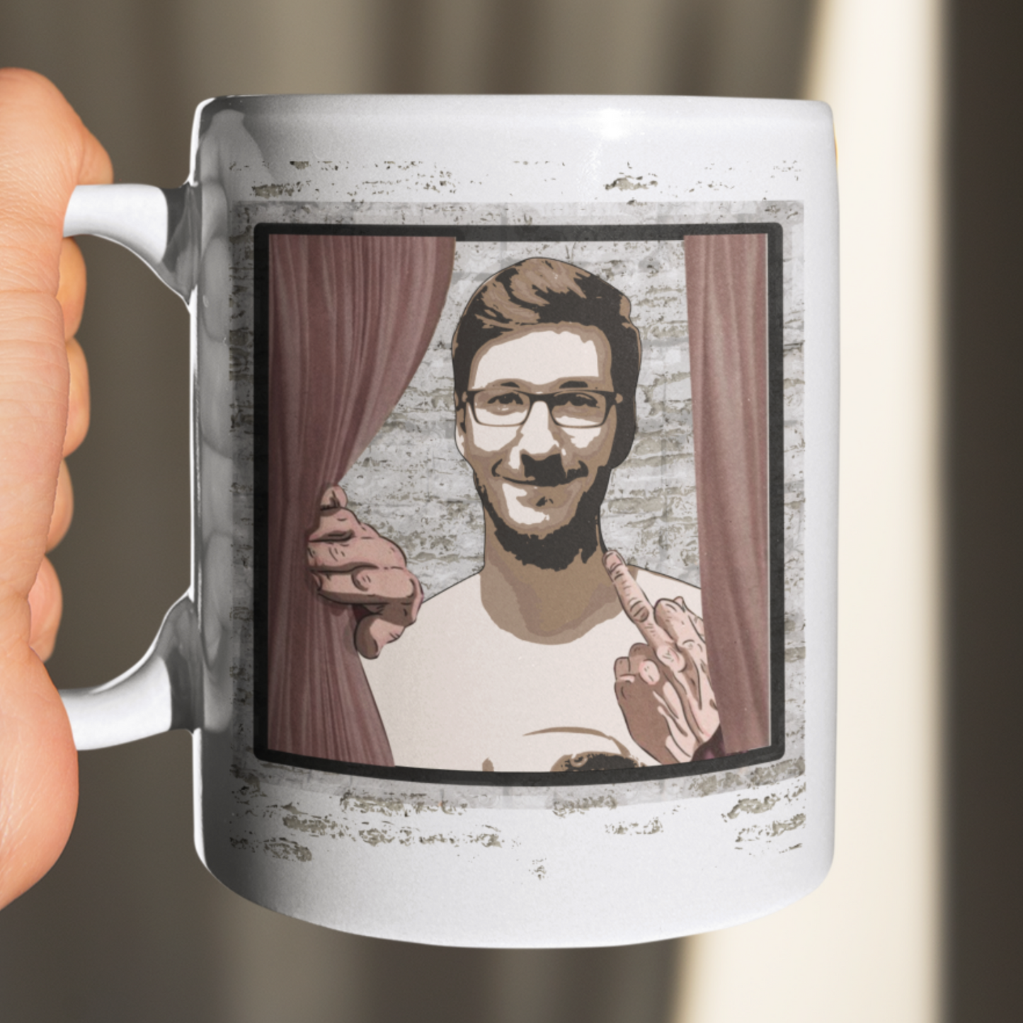 funny personalised mug of person looking through a window and sticking up their middle finger
