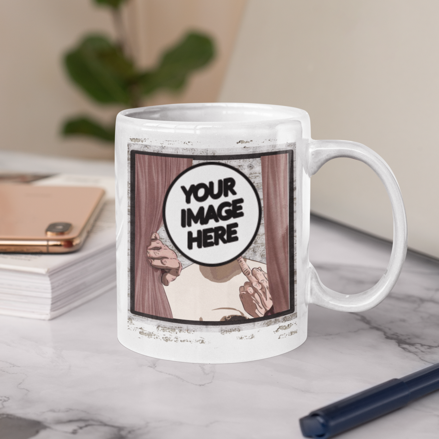 funny personalised mug of person looking through a window and sticking up their middle finger showing "your image here"
