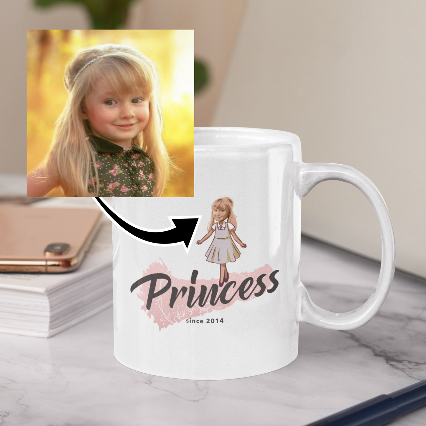personalised photo mug of little girl as a princess with caption "princess"
