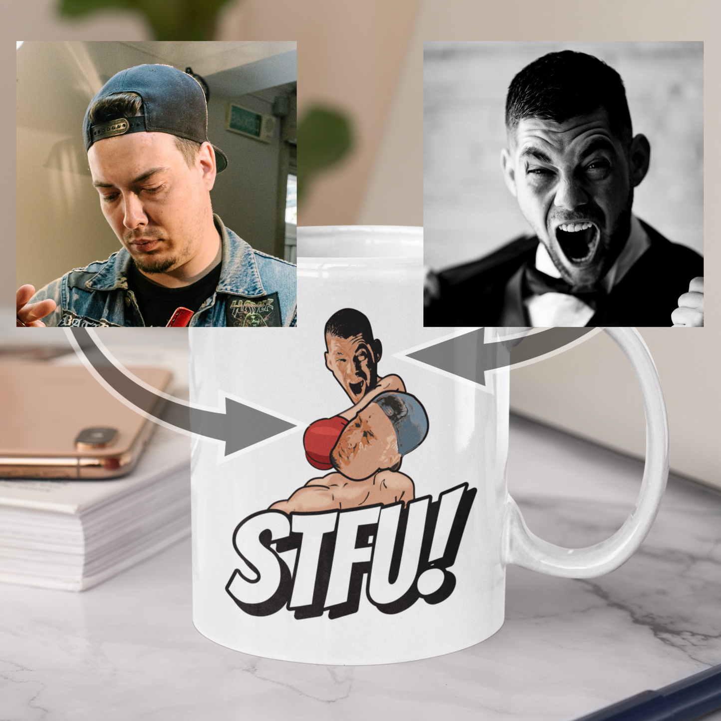funny boxing personalised photo mug with one man punching the other