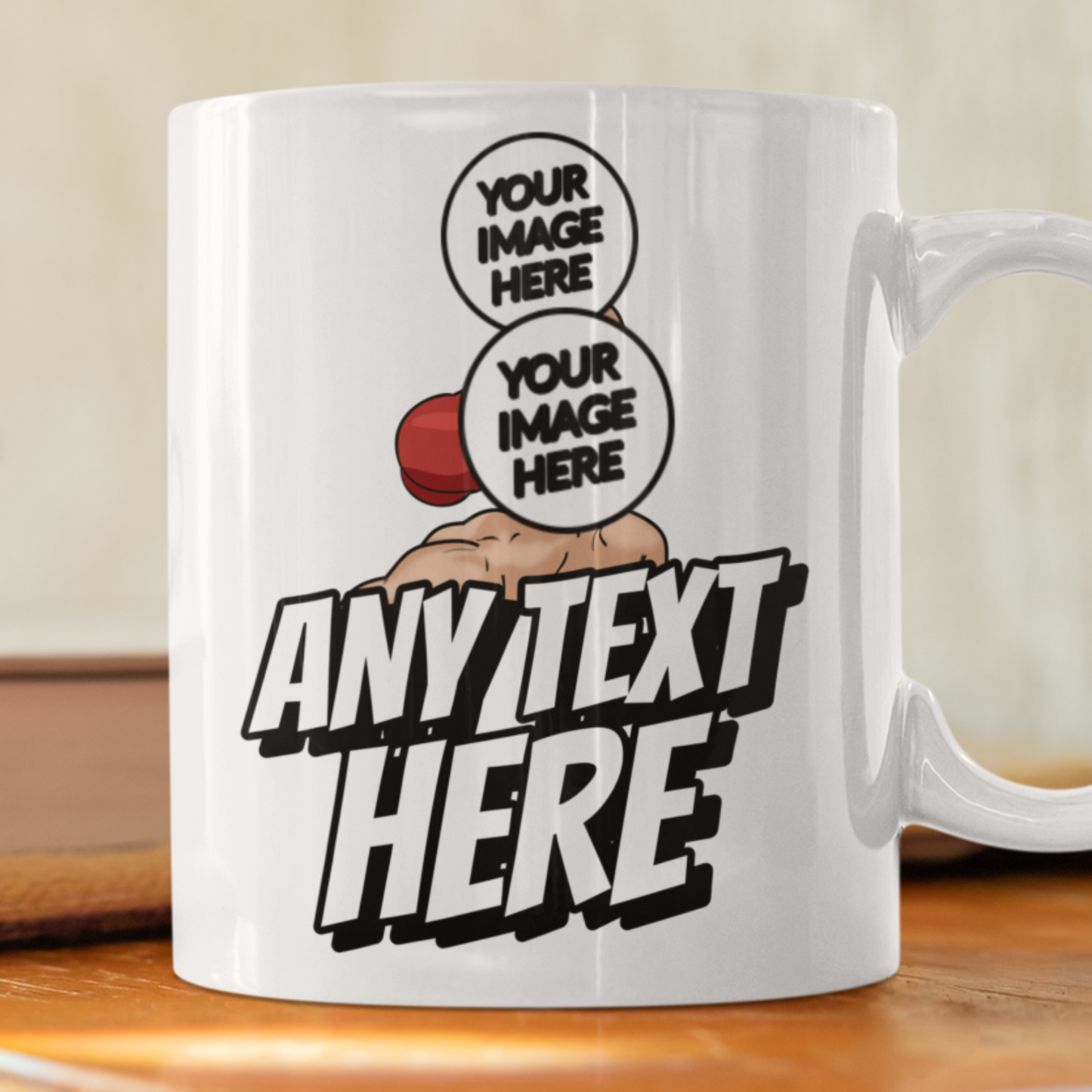 funny boxing personalised photo mug with one man punching the other with captions "your image here" and "any text here"