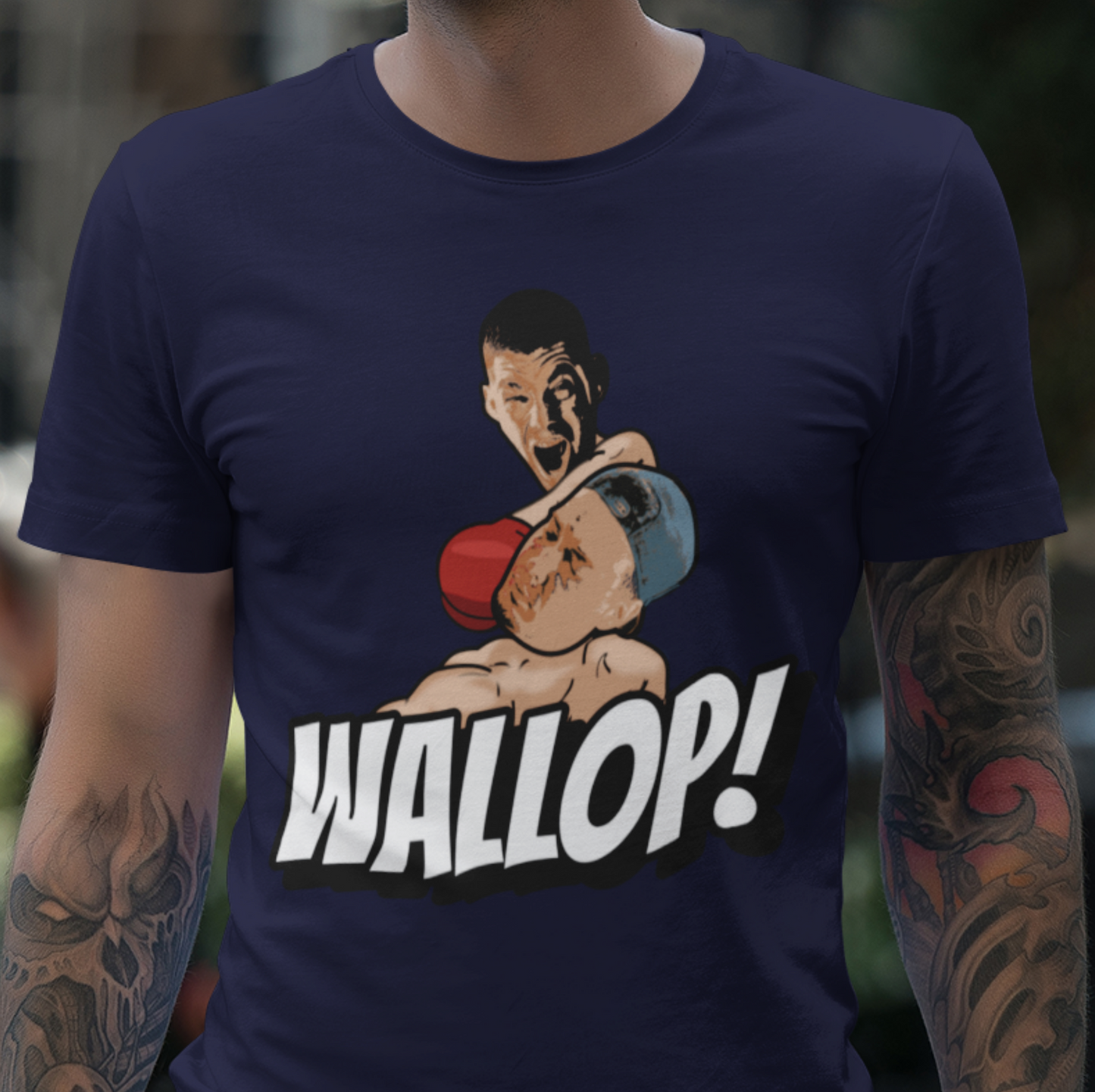 man wearing funny boxing personalised photo t-shirt with one man punching the other with caption "wallop!"