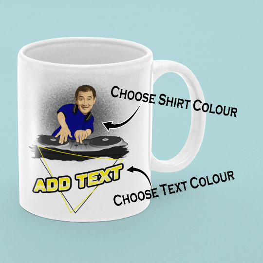 funny personalised photo mug of man as a DJ and DeeJay Decks showing options of changing shirt colour and adding text