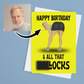 funny personalised photo greeting card of man bending over in skirt with hanging testicles