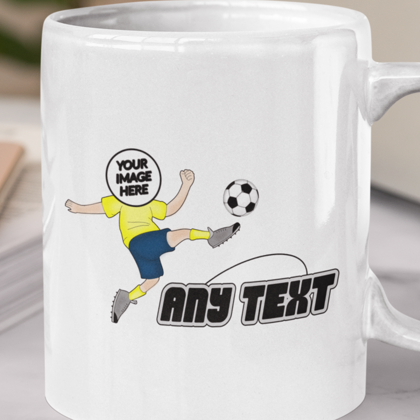 personalised photo mug with little boy kicking football soccer ball showing "your image here"