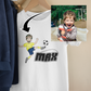 personalised photo white t-shirt with little boy kicking football soccer ball with caption "max"
