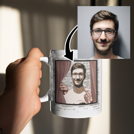 funny personalised mug of person looking through a window and sticking up their middle finger