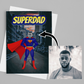 personalised photo greeting card of a man as a superhero posing in a street with the caption "super dad"